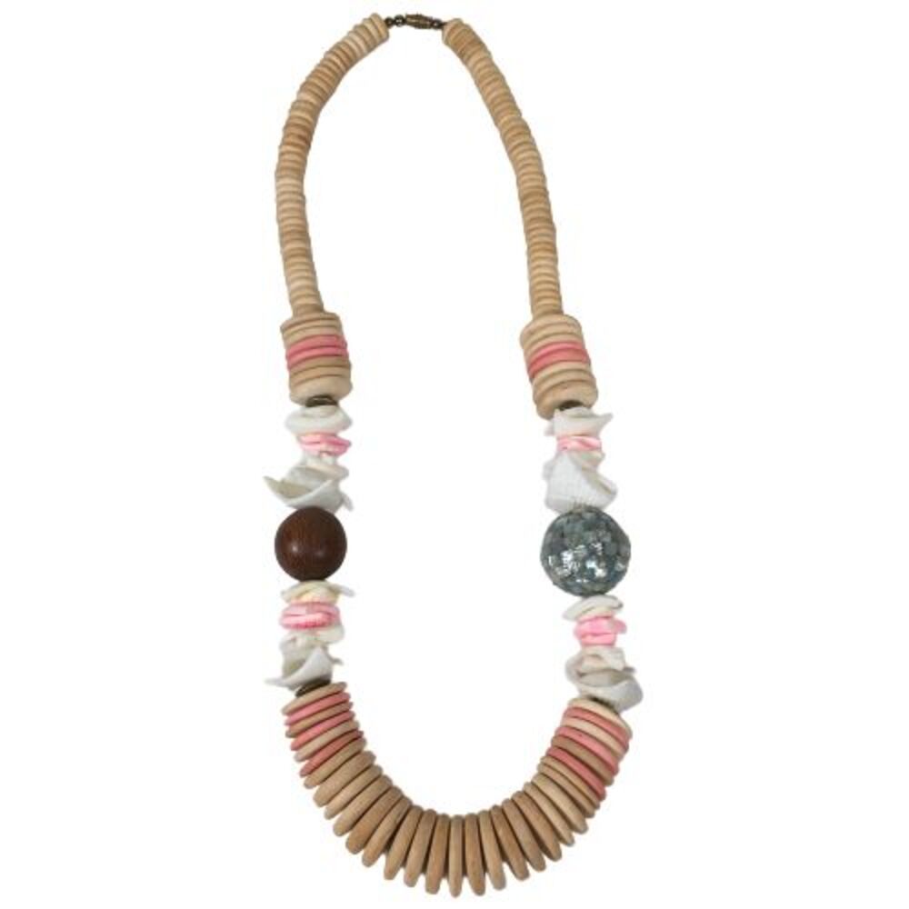 Coconut Shell Wood Bead Necklace 24" Handmade Lg Chunky Boho VTG Statement Pink